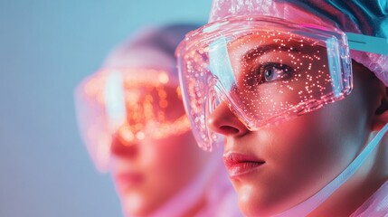 Leinwandbilder - Futuristic Medical Team with Metallic Visors and Holographic Interfaces Sci-Fi Wellness Solutions for Next-Gen Healthcare Environments and Digital Health Innovation