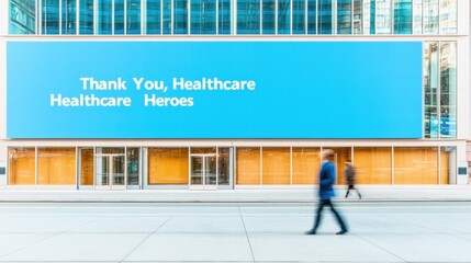 Aufkleber - Urban Architectural Billboard Display Bold Typography on Glass Facade - Healthcare Tribute and Community Engagement in Cityscape Advertising