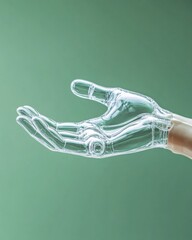 Poster - Reflective Glass Hand Sculpture Contemporary Care Symbol on Gradient Background - Enhancing Medical Interiors and Wellness Branding Aesthetics with Artistic Innovation