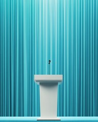 Poster - Minimalist Executive Presentation White Podium with Microphone against Vibrant Teal Curtains - Contemporary Business Event Design and Engaging Leadership Communication