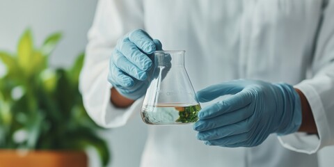 Aufkleber - Eco-Scientific Lab Scene Blue Gloved Researcher with Glass Beaker and Green Elements - Clean Tech Innovation and Sustainable Biotech Solutions for Modern Research Labs