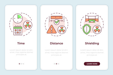 Wall Mural - Principles of radiation exposure onboarding mobile app screen. Walkthrough 3 steps editable graphic instructions with linear concepts. UI, UX, GUI template. Montserrat SemiBold, Regular fonts used