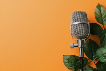 Leinwandbilder - Mid-Century Modern Podcast Setup Steel Microphone and Lush Greenery on Vibrant Orange - Innovative Content Creation for Dynamic Media Production and Digital Branding