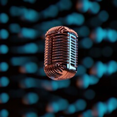 Poster - Futuristic Podcasting and Broadcasting Glowing Chrome Microphone in Electric Blue Sound Waves - Tech Innovation and Independent Media Aesthetics