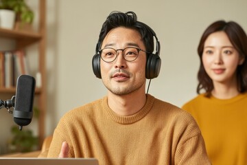 Aufkleber - Cozy Home Podcast Studio Wooden Desk and Pro Gear - Empowering Asian Creators in Digital Broadcasting and DIY Indie Content Production for Modern Media