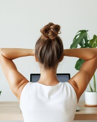 Leinwandbilder - Scandinavian-Inspired Home Office Ergonomic Chair and Natural Accents with Remote Worker Focusing on Office Wellness and Sustainable Work Balance