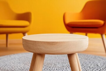 Poster - Minimalist Scandinavian Lounge Wooden Table with Bright Orange Seating in a Lounge - Modern Office Design and Productive Employee Engagement Spaces
