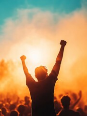 Poster - Vibrant Festival Vibes Energetic Audience with Raised Arms at Sunset - Immersive Entertainment Visuals for Event Marketing and Community Engagement
