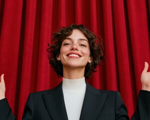 Poster - Dynamic Female Comedian in Sleek Suit on Stage - Vibrant Performance Setting for Comedy Festivals and Empowerment Campaigns in Entertainment Media