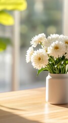 Wall Mural - Serene Workspace Addition Fresh Daisies in Minimalist Ceramic Vase on Sunlit Wooden Desk - Enhancing Eco-Friendly Office Aesthetics and Biophilic Interior Design for Modern Professionals