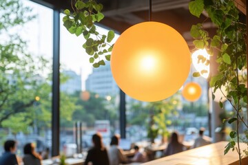 Aufkleber - Contemporary Co-Working Space Open-Concept Environment with Vibrant Lighting and Urban Greenery for Flexible Workspaces - Enhancing International Collaboration and Remote Innovation