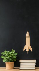 Aufkleber - Minimalist Educational Decor Wooden Rocket and Stacked Books on Chalkboard - Inspiring Learning Spaces and Creative Workspace Design for Modern Educators