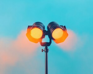 Aufkleber - Vibrant Concert Lighting Setup Industrial LED Spotlights on Adjustable Stand Against Gradient Background - Dynamic Event Production and Modern Entertainment Visual Design