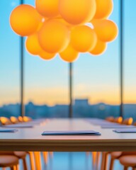 Aufkleber - Contemporary Workspace Elegance Sleek Table with Notepads and Ambient Illumination in Urban Office - Fostering Innovation and Collaboration for Modern Professionals