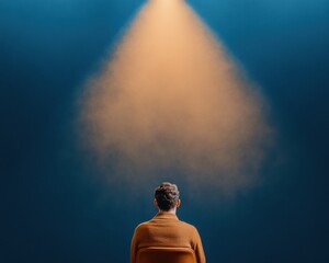 Poster - Minimalist Theater Experience Solo Audience Member Under Dramatic Spotlight in Modern Event Space - Engaging Visuals for Creative Content and Entertainment Venue Marketing
