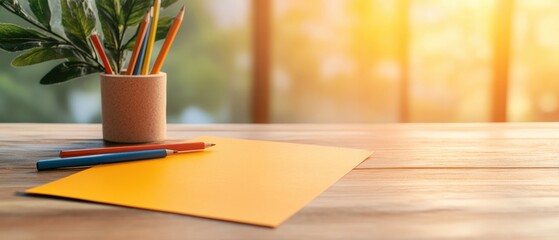 Fototapete - Scandinavian Minimalist Workspace Vibrant Papers and Eco-Friendly Pencils on Wooden Desk - Creative Meeting Materials and Sustainable Office Content for Dynamic Business Strategy