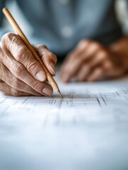 Poster - Industrial Design Blueprint Hands with Pencil on Technical Draft Paper - Precision Tools and Materials in Architectural Project Planning for Innovative Commercial Development