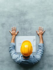 Poster - Contemporary Industrial Workspace Blueprint Overview with Technical Sketches and Tools on Concrete - Architectural Workflow and Strategic Business Planning Visualization