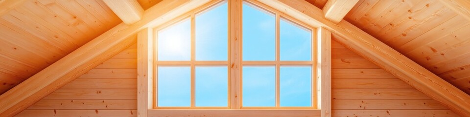 Leinwandbilder - Rustic Architectural Aesthetics Sunlit Wooden Cathedral Ceiling with Expansive Window - Modern Interior Design for Sustainable Homes and Ambient Living Spaces
