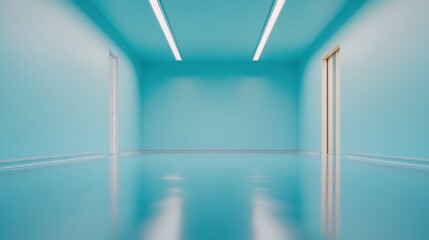 Poster - Monochrome Serenity Modern Sterile Hospital Floor in Soft Blue with Reflective Lighting for Healthcare Design and Tranquil Branding in Medical Spaces