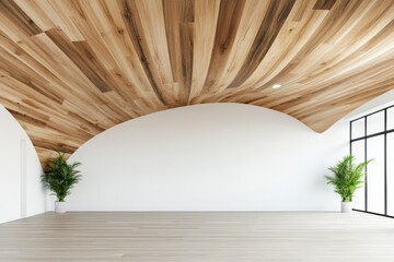Poster - Minimalist Workspace Design Sustainable Office with Reclaimed Wood Ceiling and Plants - Eco-Friendly Interiors for Corporate Wellness and Conscious Employee Engagement