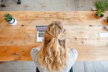 Canvas Print - Minimalist Workspace Aesthetics Repurposed Wooden Desks and Laptops in Sustainable Office - Eco-Friendly Business Design and Conscious Employee Wellbeing