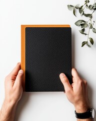 Poster - Artisanal HR Benefits Guide Textured Embossed Covers in a Contemporary Office - Enhancing Employee Engagement and Corporate Aesthetics with Handcrafted Design