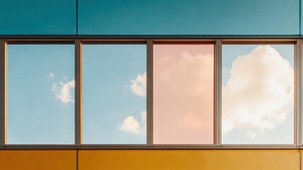 Poster - Modern Architectural Symmetry Vibrant Blue and Yellow Window Facade with Sculptural Cloud Reflection for Urban Planning and Aesthetic Commercial Spaces