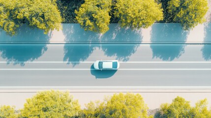 Leinwandbilder - Aerial Urban Mobility Streamlined Electric Vehicle Amid Lush Greenery on Sleek Asphalt - Eco-conscious Automotive Content for Sustainable Transportation Marketing