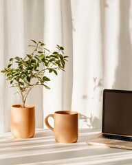 Aufkleber - Eco-Chic Workspace Design Minimalist Desk with Neutral Accents, Ceramic Mug and Laptop - Catering to Modern Remote Work and Sustainable Office Needs