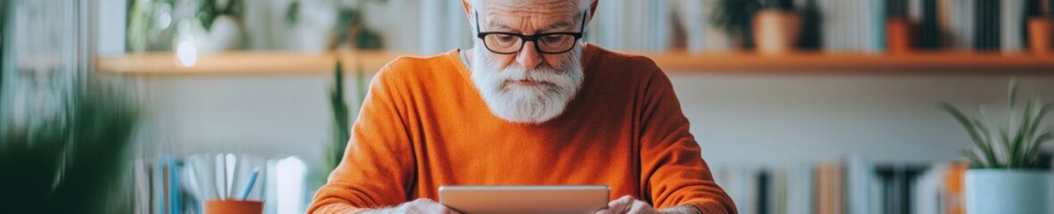 Poster - Modern Home Office Aesthetic Elderly Individual with Tablet, Cozy Interior Accents and Stationery - Advancing Digital Literacy and Senior Tech Growth in Comfortable Learning Spaces