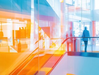 Poster - Contemporary Gradient Retail Spaces Colorful Glass Escalator Architecture in Shopping Malls - Enhancing Consumer Engagement and Modern Commercial Ambiance for Urban Retailers