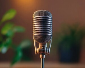 Poster - Vintage Aesthetic Condenser Microphone on Stand in Modern Studio - Professional Podcast Setup and Audio Production for Creative Content Creation