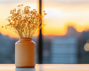 Canvas Print - Warm Sunset Office View Ceramic Vase with Dried Flowers on Minimalist Desk Modern Wellness Aesthetic and Professional Workspace Inspiration for Tranquil Offices