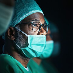 Poster - Contemporary Surgical Team Portrait Precision Healthcare and Sterile Excellence in High-Tech Operating Room - Modern Medical Documentation for Professional Insight