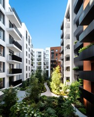 Poster - Eco-Friendly Urban Living Solar-Integrated Modern Apartment Complex with Lush Green Spaces and Walkways - Sustainable Architecture for Urban Development and Environmental Impact