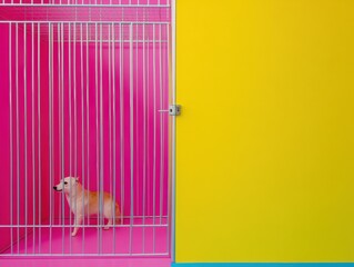 Aufkleber - Vibrant Pet Transport Display Metal Carrier Crate with Secure Latch in Colorful Modern Setting - Safe Animal Transit and Creative Commercial Interior