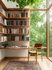 Canvas Print - Modern Minimalist Home Office Built-in Wooden Bookshelf with Rainbow-Organized Books and Ceiling Windows - Creative Workspace Design for Sustainable Living and Personal Productivity