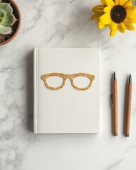 Poster - Minimalist Workspace Decor Wooden Texture Notepad with Pens on Marble - Professional Organization and Aesthetic Office Design for Modern Productivity