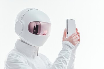 Aufkleber - Futuristic AI Influencer in Minimalist Chrome-White Cyber-Inspired Marketing Avatar with Holographic Smartphone for Virtual Commerce and Digital Branding