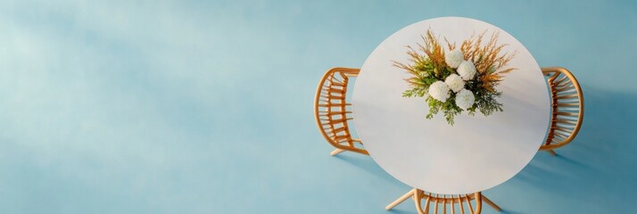 Poster - Mid-Century Modern Office Meeting Area with Rattan Chairs and Floral Centerpiece on Pastel Blue Floor - Content Creation and Collaborative Workspace Design for Creative Industries