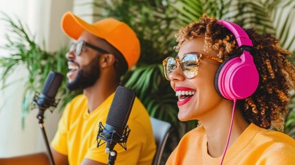 Poster - Contemporary Lifestyle Podcasting Diverse Micro-Influencers in Vibrant Workspace with Modern Equipment - Engaging Social Media and Influencer Marketing Content Creation Hub