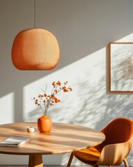 Aufkleber - Scandinavian Minimalist Workspace Natural Wood Table with Modern Lighting and Orange Accents Enhancing Design Innovation and Creative Collaboration in Corporate Settings
