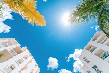 Aufkleber - Sleek Urban Housing Minimalist Concrete Facades in Modern Apartments, Sunlit Walkways and Lush Greenery - Real Estate Marketing and Contemporary Urban Living Solutions