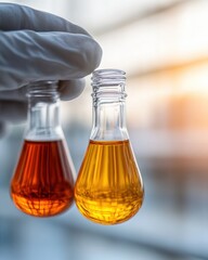 Leinwandbilder - Modern Scientific Workspace Precision Glass Flasks with Warm Solutions Against Blurred Lab Background - Cutting-Edge Research Equipment and Innovative Chemical Development for Tech Industries
