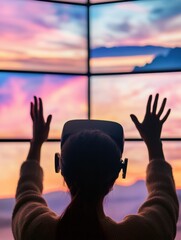 Aufkleber - Immersive VR Travel Experience Faceless Adventurer in Cozy Knitwear Engaging with Digital Landscapes - Modern Tourism Innovation and Interactive Marketing