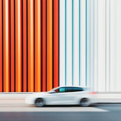 Poster - Vibrant Urban Transport Vibe Dynamic Motion of Sleek Car Against Striped Architectural Facade - Modern Mobility Imagery for Futuristic City Branding and Transportation Design