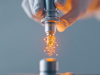 Leinwandbilder - Futuristic Laboratory Visuals High-Tech Microscope with Dynamic Orange Particle Visualization - Advancing Medical Research and Technological Innovation for Life Sciences
