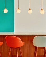 Poster - Scandinavian Bar Counter Setup Mid-Century Modern Pendant Lighting and Vibrant Seating - Upscale Casual Dining for Contemporary Hospitality Branding