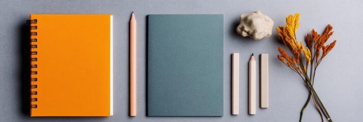 Aufkleber - Minimalist Desk Setup Vibrant Orange and Teal Notebooks with Natural Elements - Enhancing Creative Workflow and Modern Office Aesthetics in Professional Environments